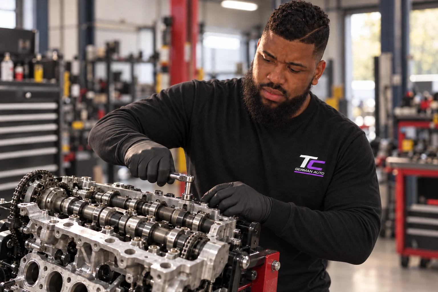 Roy in a TC German Auto shirt inspecting a twin-cam engine at a workbench